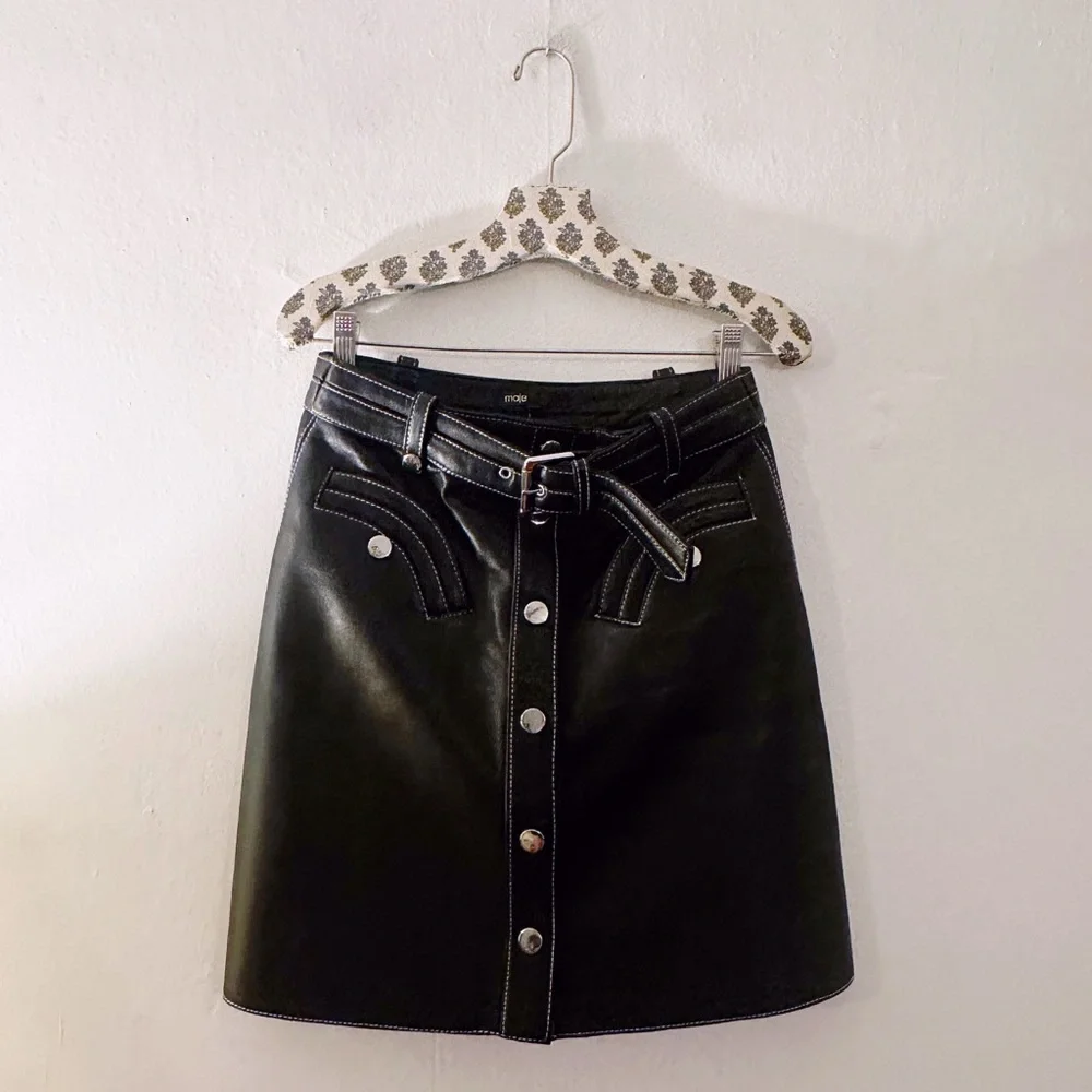 Maje Janaille Leather Belted Mini Skirt Black Silver Lambskin A-Line - Picture 3 of 8